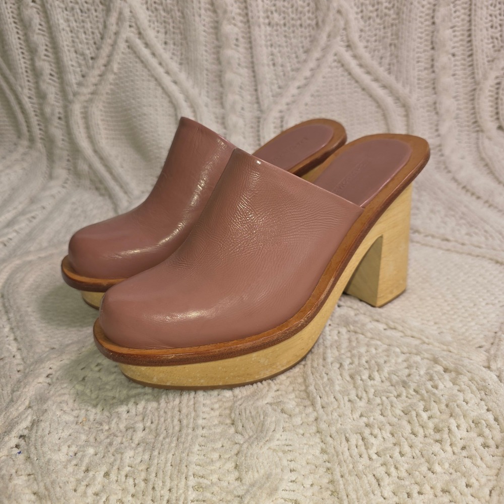 Rachel Comey Bradley Mules Rose Pink Leather Wood Platform Clogs Womens 6 Exc